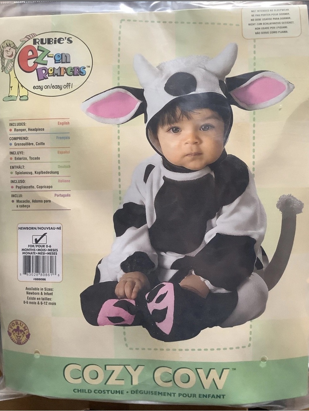 Rubie's Cozy Cow Infant Romper in Black, White & Pink